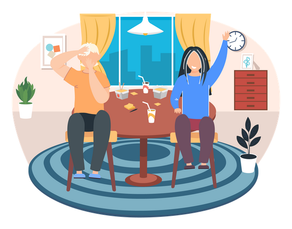 Children eating dinner at restaurant  Illustration
