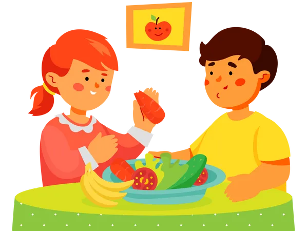 Children eating fruit and vegetables Illustration