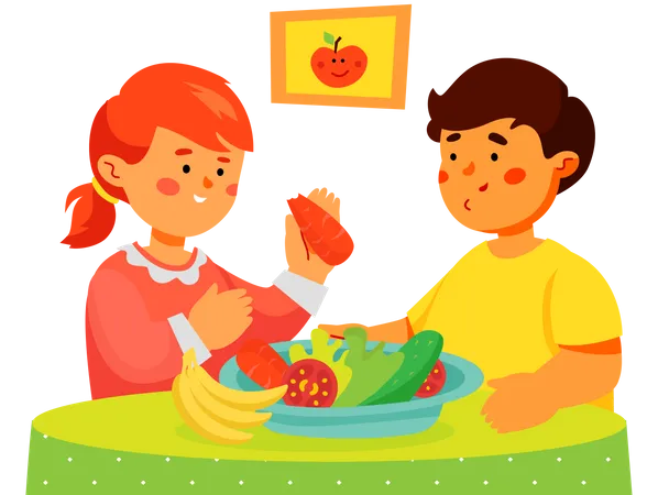 Children eating fruit and vegetables  Illustration