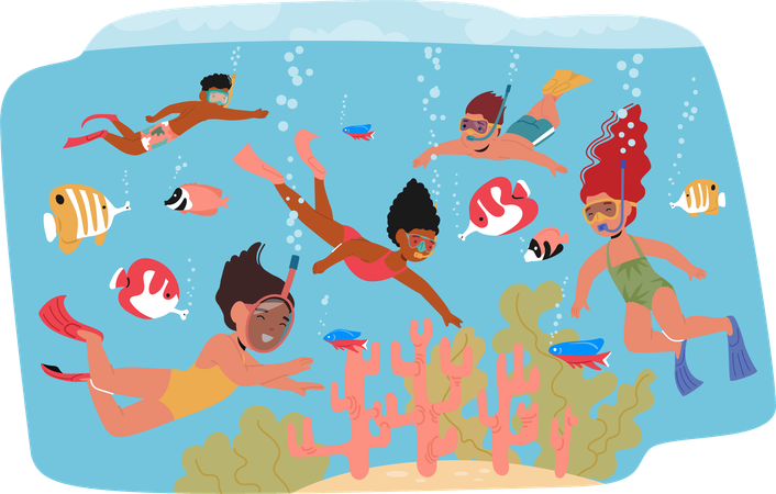 Children Engaged In Underwater Snorkeling Adventure  Illustration