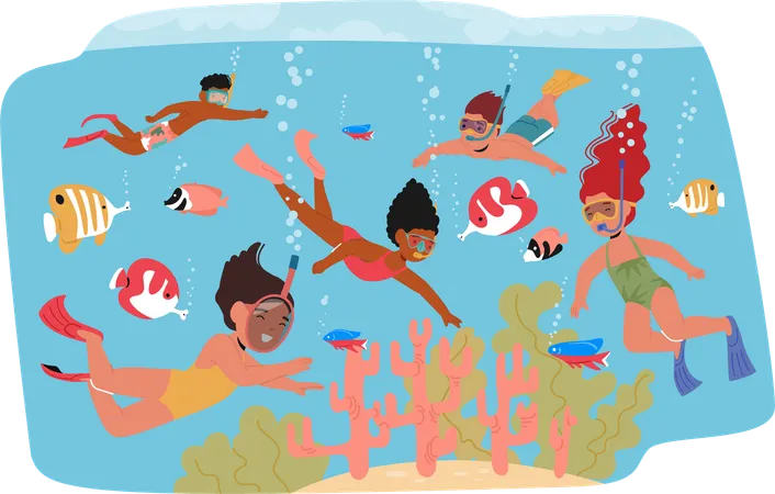 Children Engaged In Underwater Snorkeling Adventure  Illustration