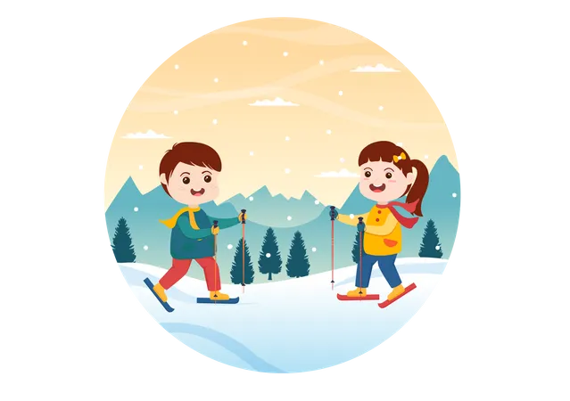 Snowboarding Hand Drawn Cartoon Flat Illustration Of People In Winter Outfit Sliding And Jumping With Snowboards At Snowy Mountain Sides Or Slopes Illustration
