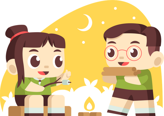 Children enjoying bonfire while camping  Illustration