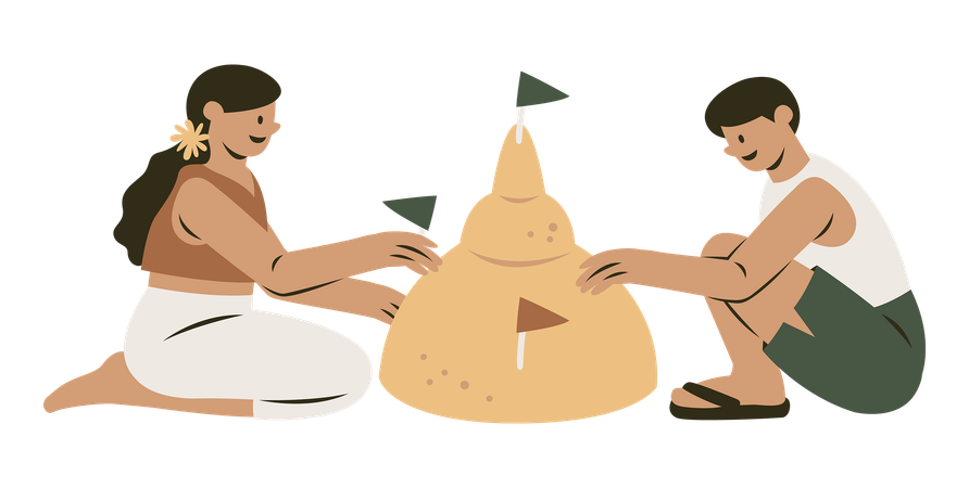 Children Enjoying Building Sand  일러스트레이션
