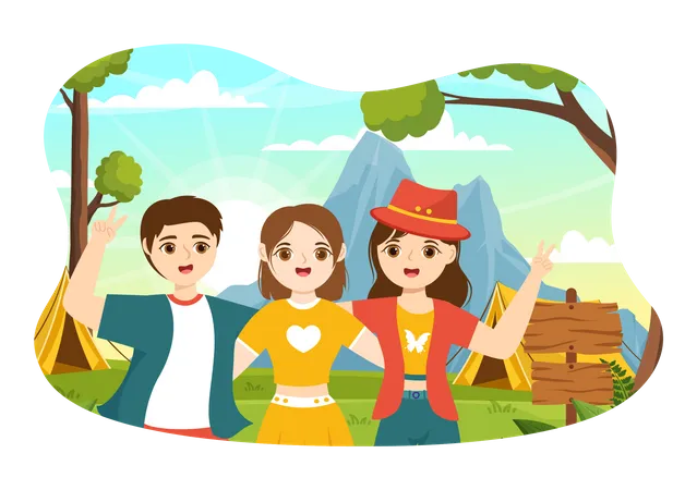 Children enjoying summer camping  Illustration