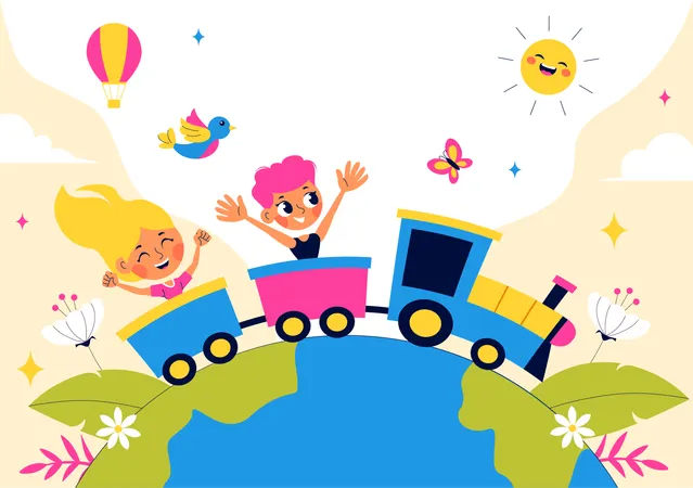 Children enjoying train ride  Illustration