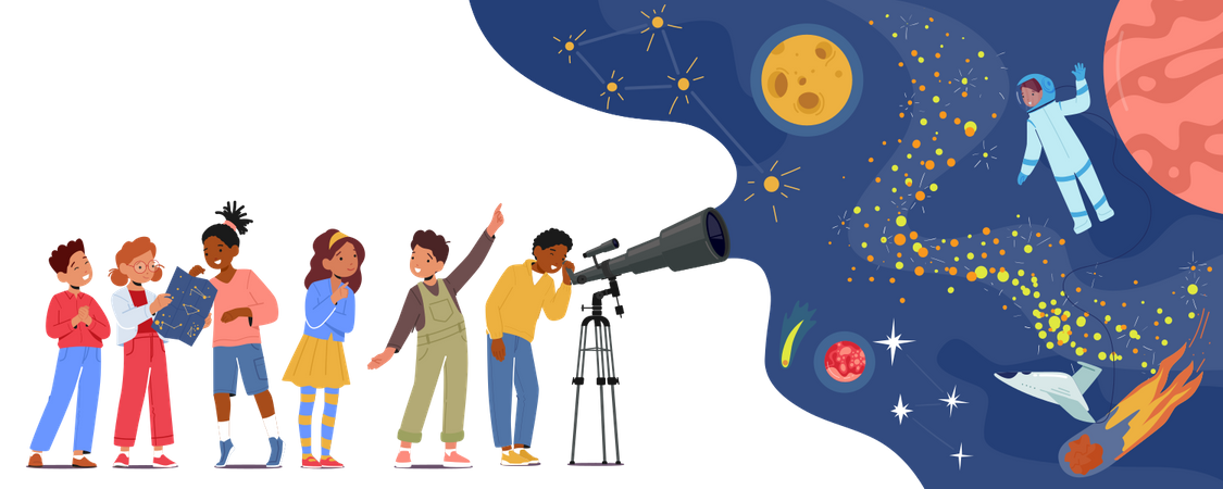 Children explore outer space through telescope  Illustration