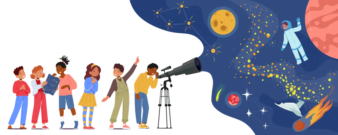 Children explore outer space through telescope  Illustration