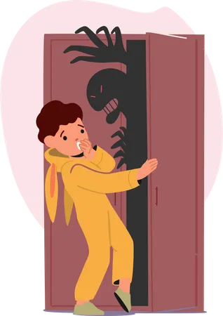 Children fear of monster hiding in closet  Illustration