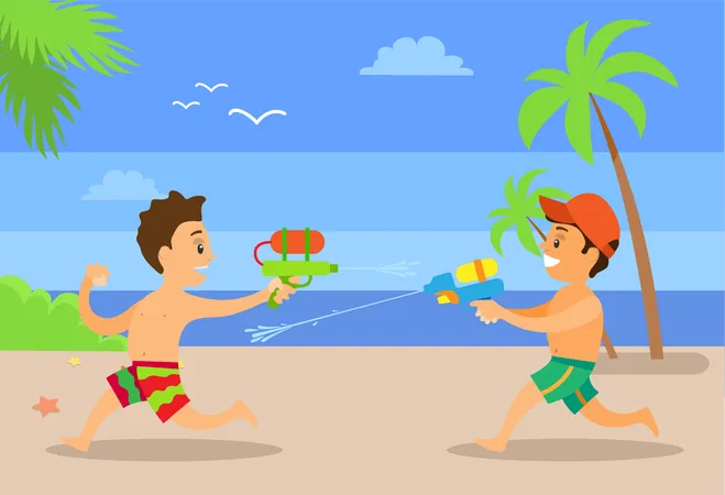 Fighting By Water Boys At Coastline Vector Happy Kids At Seaside Having Fun Kids Playing With Guns Loaded With Aqua Vector Children On Summer Vacations Illustration