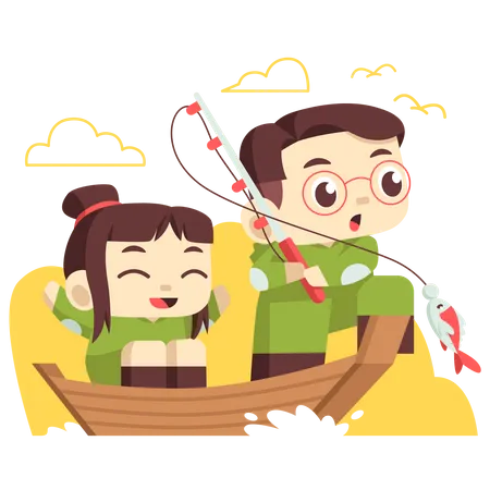Children fishing together Illustration