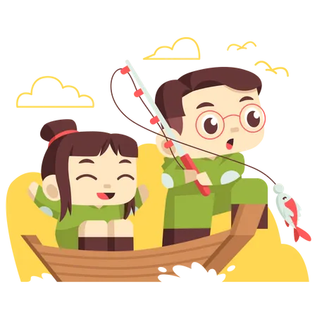 Children fishing together  Illustration