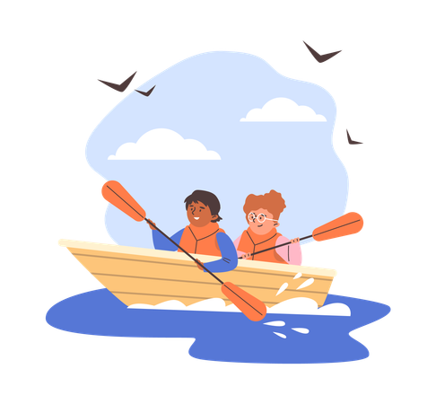 Children float in  boat in life jackets row with oars  Illustration