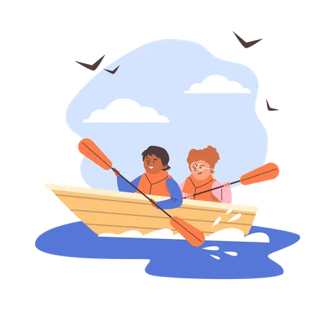 Children float in  boat in life jackets row with oars  Illustration