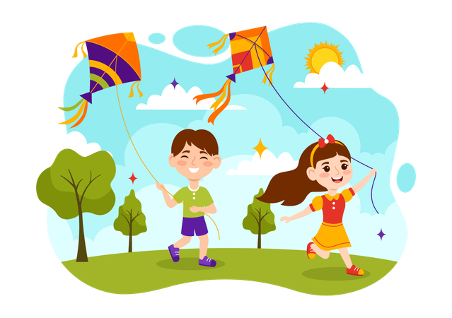 Children flying kite on kite flying day  イラスト