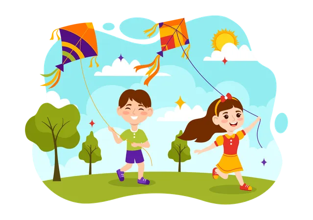 Children flying kite on kite flying day  Illustration