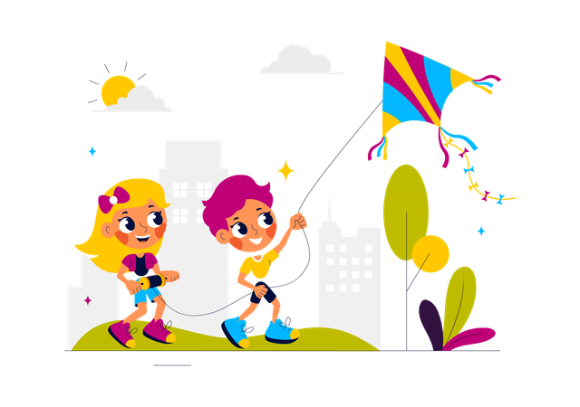 Children flying kites in park  Illustration