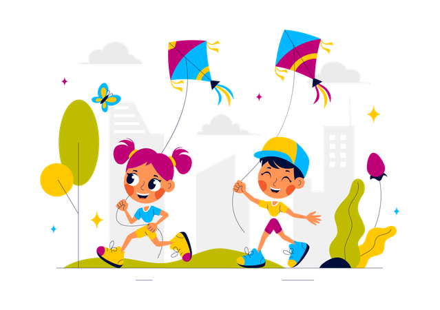 Children flying kites in park  Illustration