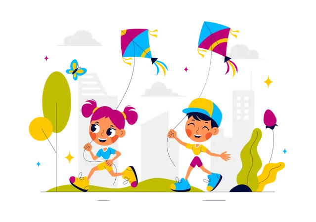 Children flying kites in park  Illustration