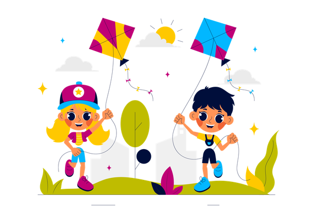 Children flying kites in park  Illustration