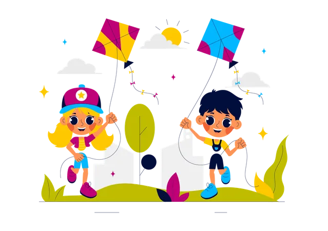 Children flying kites in park  Illustration