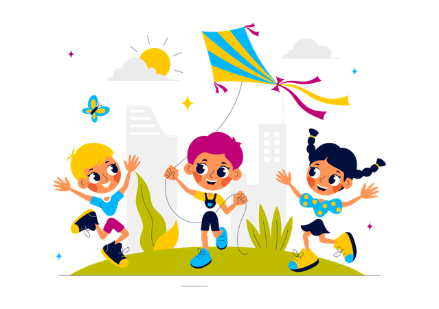 Children flying kites in park  Illustration