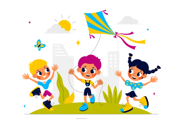 Children flying kites in park  Illustration