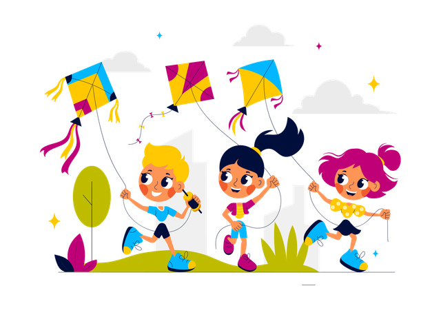 Children flying kites in park  Illustration