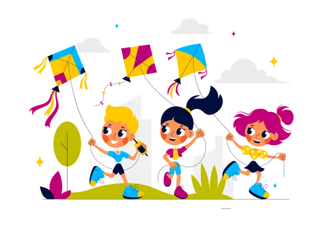 Children flying kites in park  Illustration