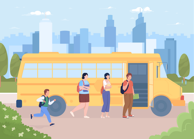 Children getting into school bus  Illustration