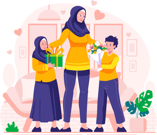 Children give gifts and flowers to mother on Mother's Day Illustration