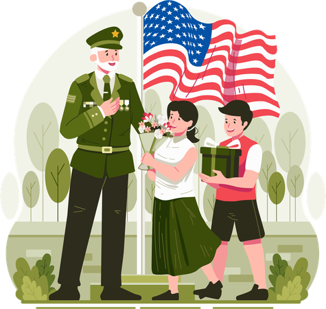 Children Giving Flowers and Gifts to a Senior Veteran in Military Uniform as a Sign of Salute and Respect on Veterans Day  Illustration