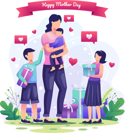 Children giving gifts to their mother Illustration