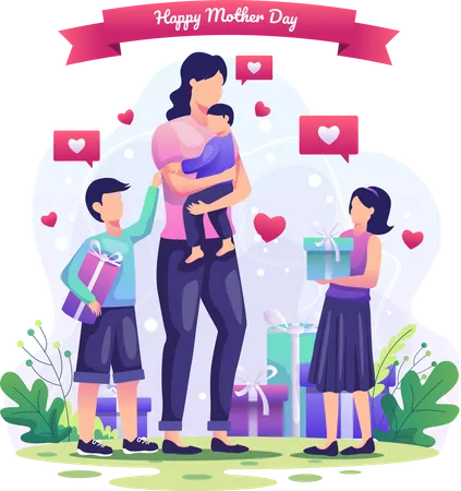 Children Give Gifts To Their Mothers Happy Mothers Day Greeting Flat Vector Illustration Illustration
