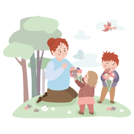 Happy Mothers Day Concept Background Cute Little Daughter And Son Give Bouquets Of Flowers And Congratulate Mom On Holiday At Park Greeting Holiday Card Vector Illustration In Flat Cartoon Design Illustration