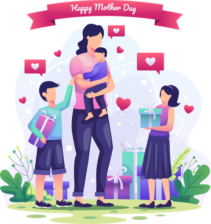 Children giving gifts to their mother  Illustration