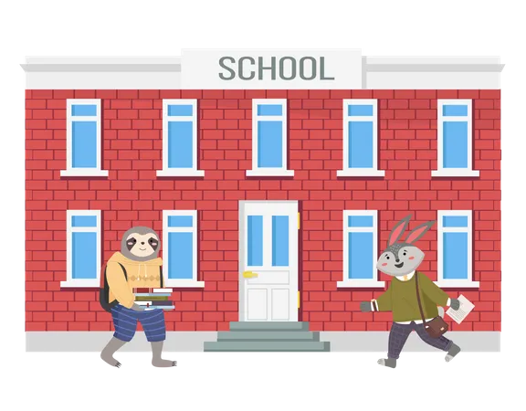 Children Go To Study Illustration Of Animals Students Near School Building Collection Of Funny Vector Cartoon Schoolkids Characters Of Forest Inhabitants Get An Education Studying With Books Illustration