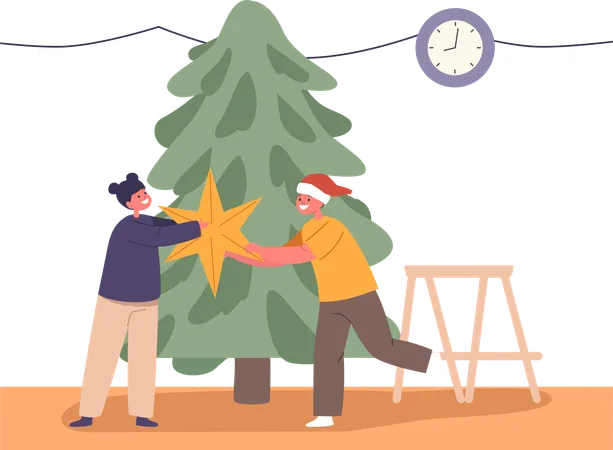 Children Joyfully Hanging Ornaments And Placing Colorful Star On A Sparkling Christmas Tree Top Creating A Festive Atmosphere Filled With Laughter And Holiday Cheer Cartoon Vector Illustration イラスト
