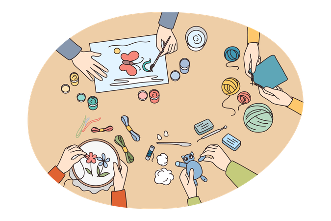 Children have fun engaged in hobby art workshops  Illustration
