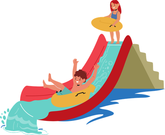 Children Having Fun On Water Slide In Water Park  Illustration