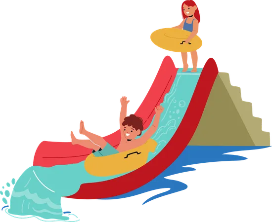 Children Having Fun On Water Slide In Water Park  Illustration