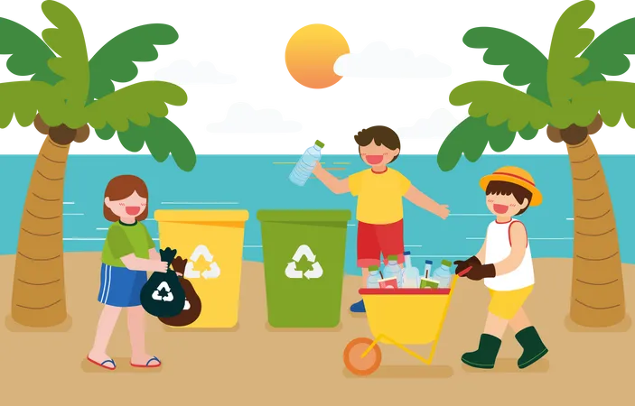 Children help collecting recycle waste Illustration