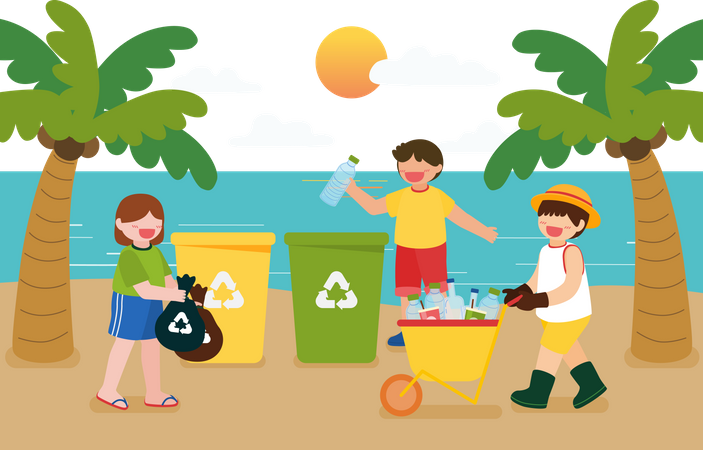 Children help collecting recycle waste  Illustration