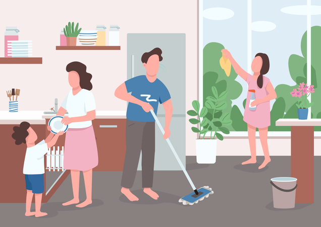 Children help parents with home chores  Illustration