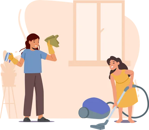 Children Helpers Cleaning Home Vacuuming Carpet Washing And Wiping Dust Girls Siblings Characters Domestic Housework Activities Helping To Parents Daily Chores Linear Vector Illustration Illustration
