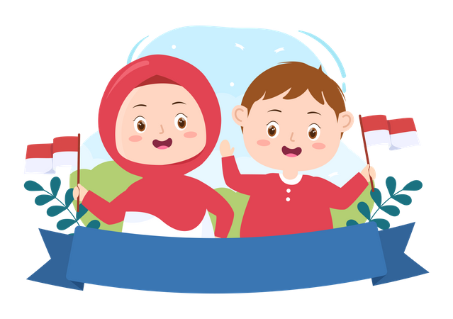 Children Holding Indonesian flag  Illustration