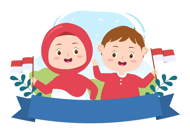 Children Holding Indonesian flag  Illustration