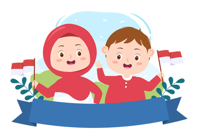 Children Holding Indonesian flag  Illustration