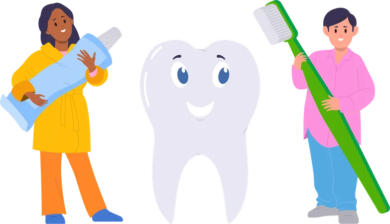 Little Boy And Girl Children Cartoon Characters Holding Toothpaste And Toothpaste Standing Nearby Big White Healthy Tooth After Cleaning Vector Illustration Dental Hygiene And Oral Sanitation Illustration