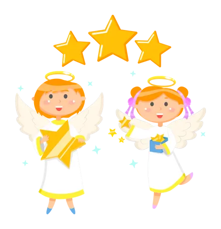 Cute Angels With Stars Vector Illustration Children In Angel Costumes Fly In Sky Cartoon Characters With Halos Above Their Heads Surrounded By Stars Small Spiritual Beings Divine Creatures Illustration